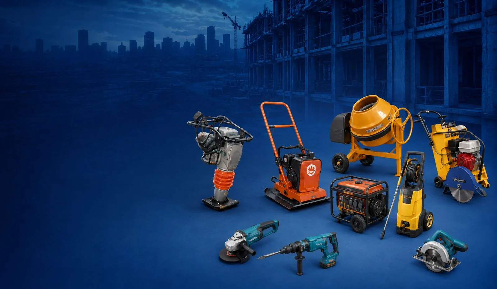 Linha de equipamentos da TechLoc: betoneira, compactador de percussão, placa vibratória, gerador portátil e ferramentas elétricas.